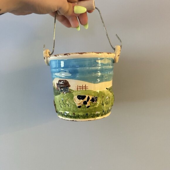 WCL Pottery Bucket Vintage 60s/70s Farm Life Cows Barn Farmer Hand Painted - Picture 3 of 7